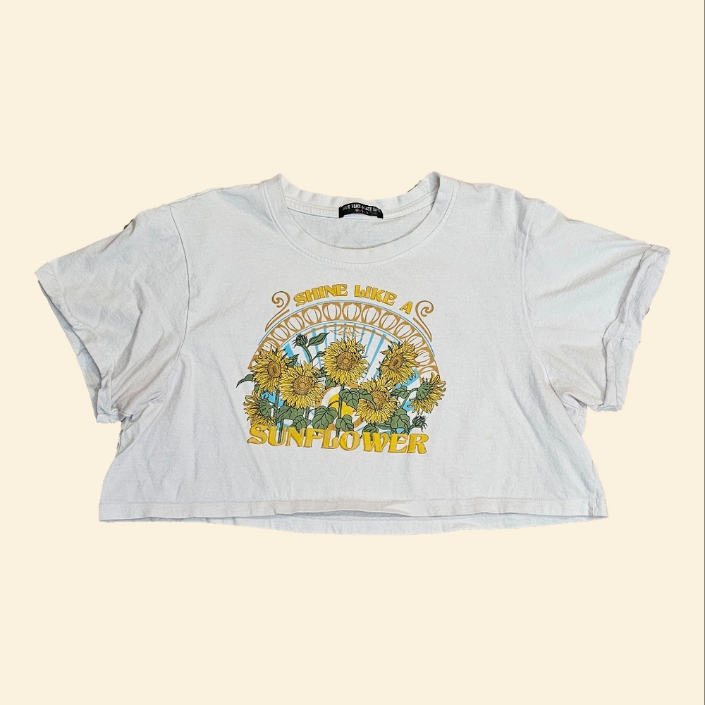 womens cropped white graphic t shirt extra large with sunflowers & positive quot